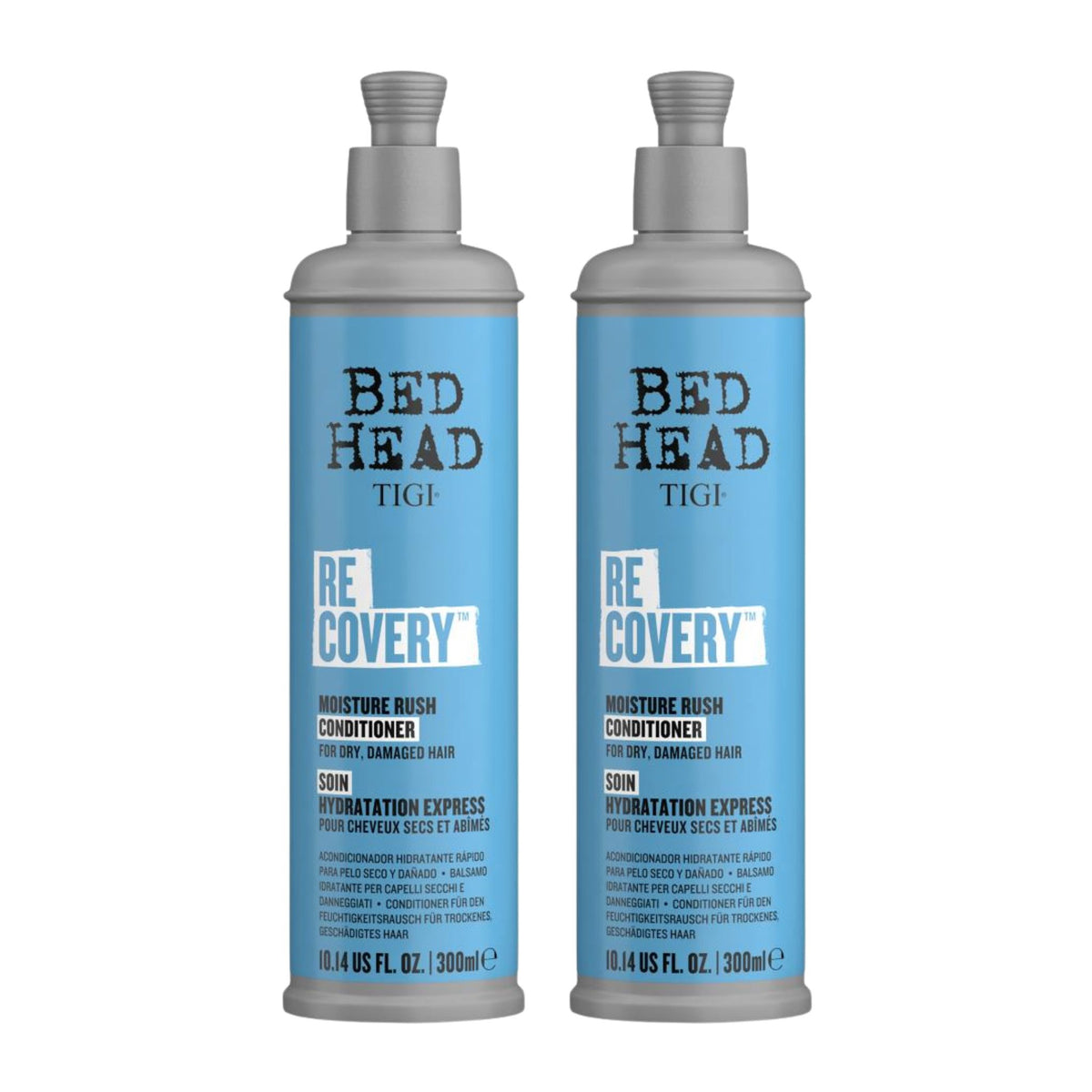 Two bottles of TIGI Bed Head Re:Covery conditioner on a white background