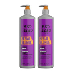 Two bottles of Bed Head TIGI Serial Blonde shampoo, front view, 25.36 fl oz each