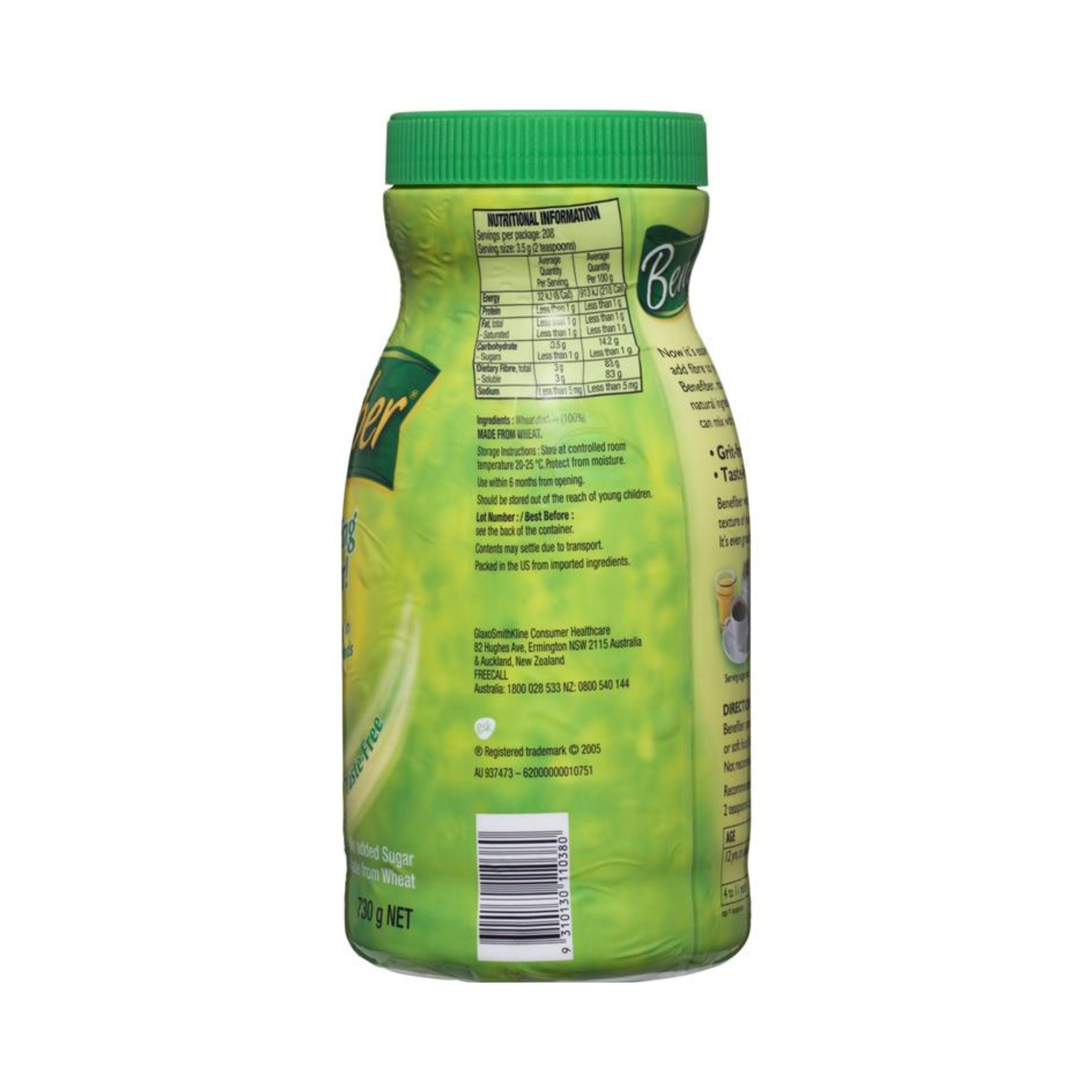 Benefiber Natural Fibre Supplement 730g close-up of label with fibre details