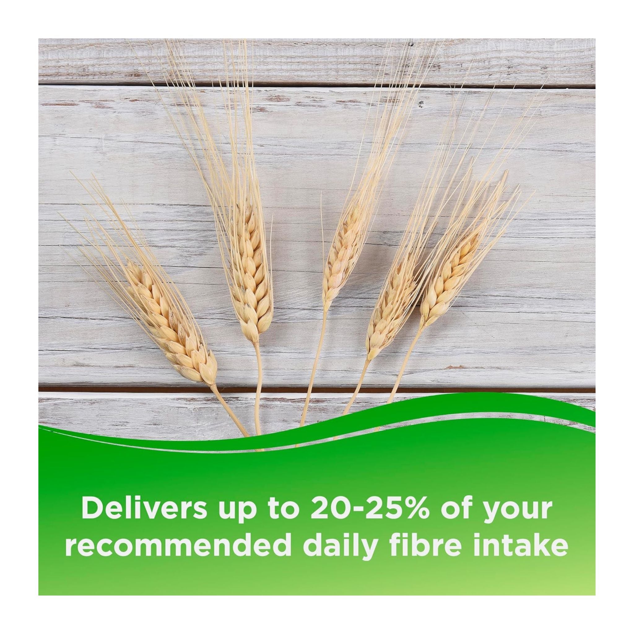 Wheat ears on a wooden surface with a green banner displaying dietary fiber information.