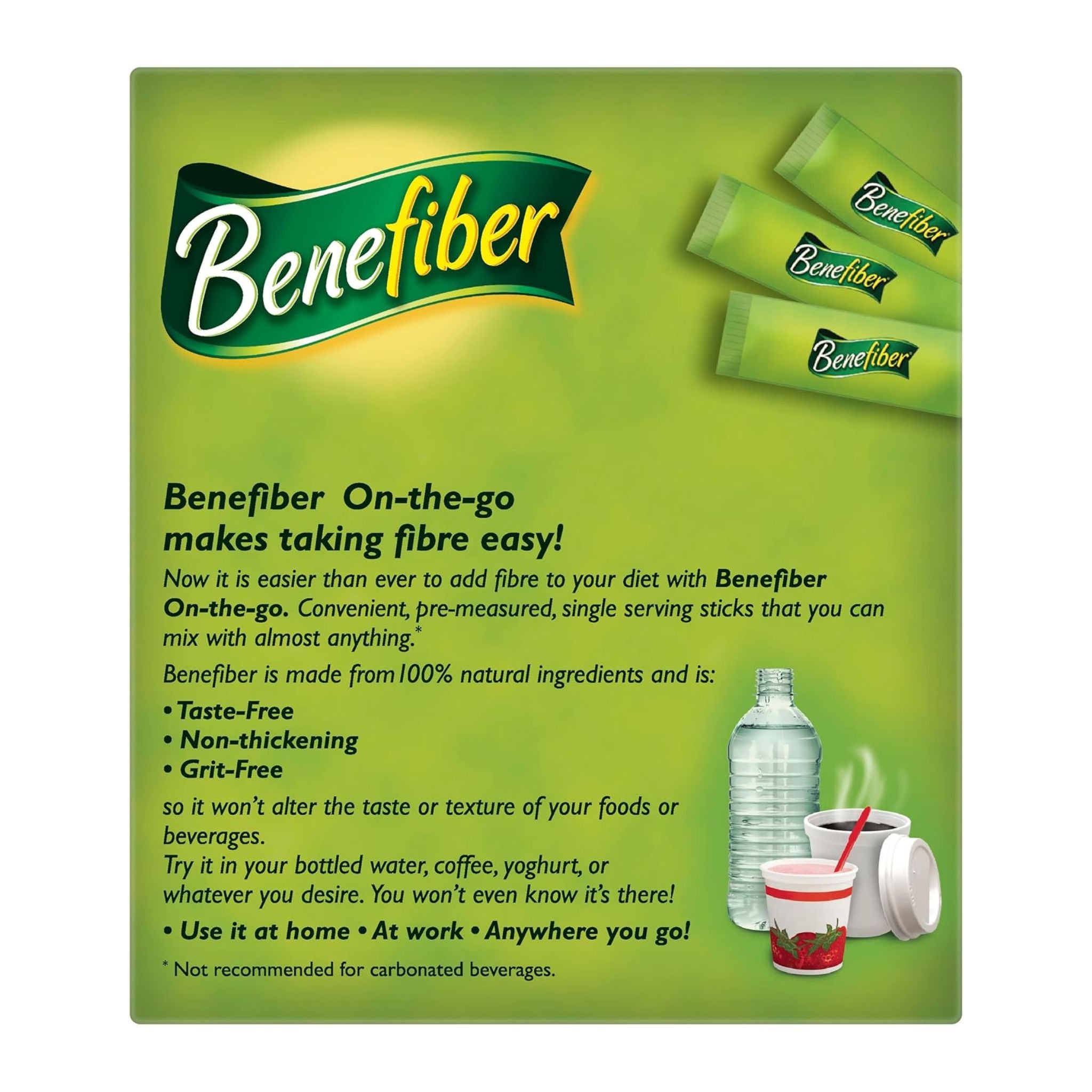 Benefiber on-the-go fiber sticks packaging with text and product images.