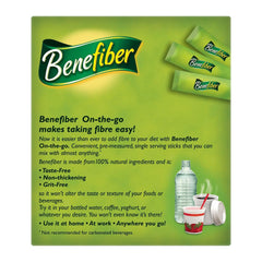 Benefiber on-the-go fiber sticks packaging with text and product images.