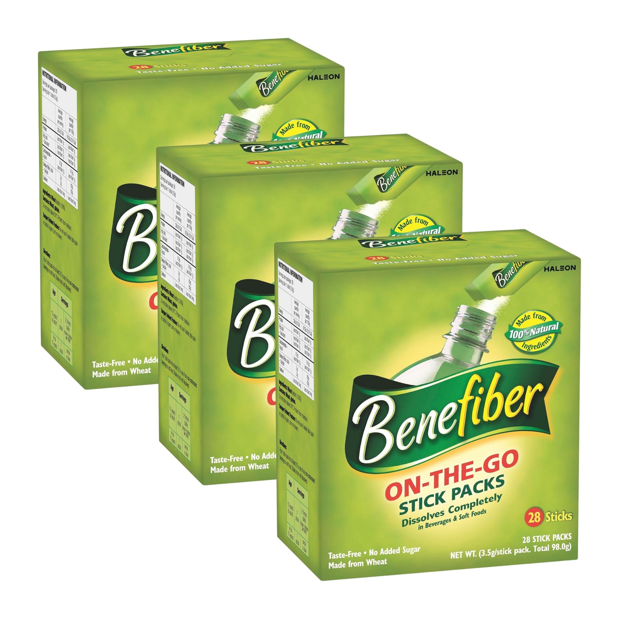 Three boxes of Benefiber On-The-Go Stick Packs on a white background