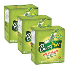 Three boxes of Benefiber On-The-Go Stick Packs on a white background
