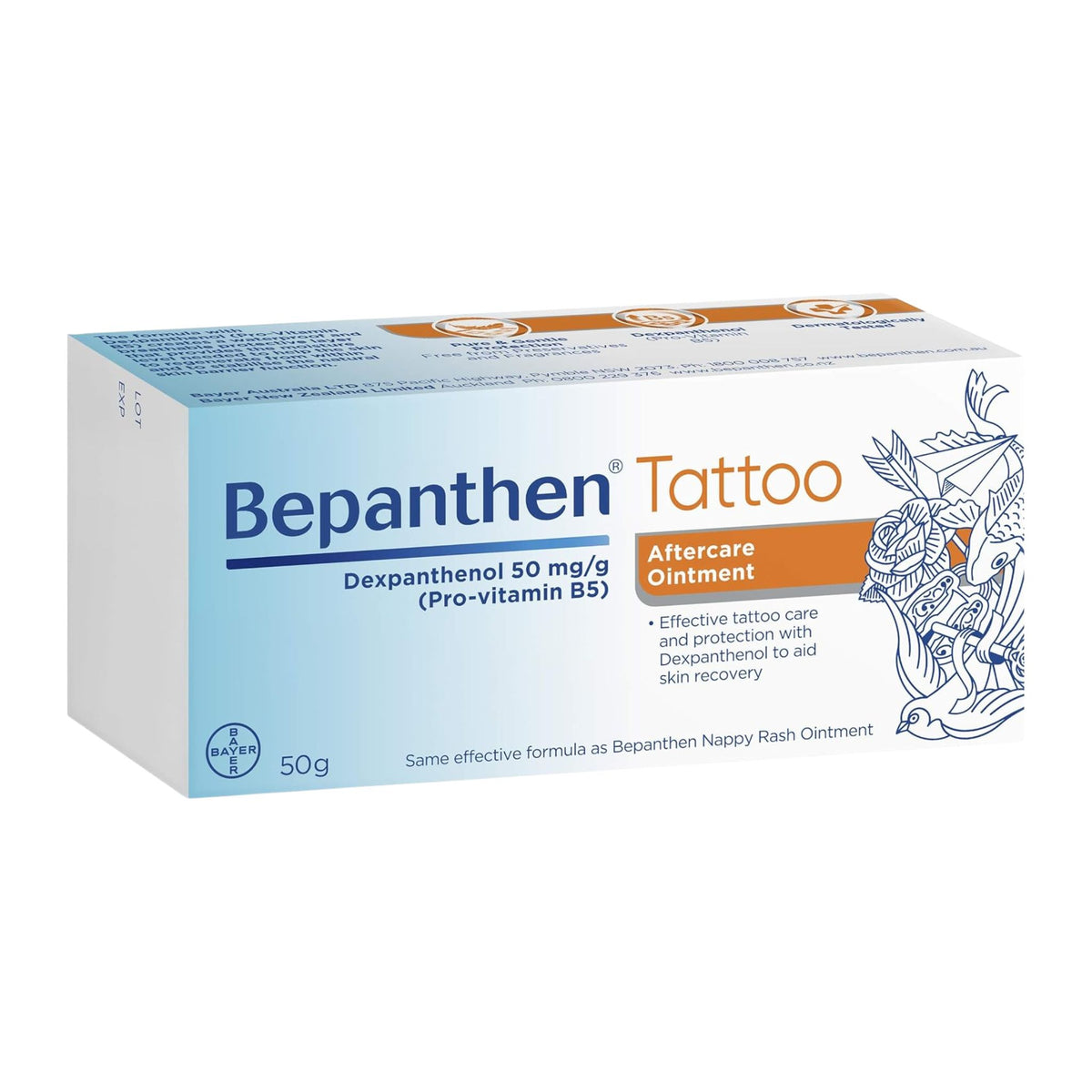 Front view of Bepanthen Tattoo Aftercare Ointment 50 g single box showing product logo and label