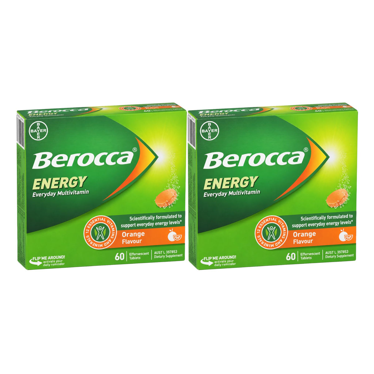 Two boxes of Berocca Energy Everyday Multivitamin in Orange Flavour, displayed side-by-side on a plain white background.