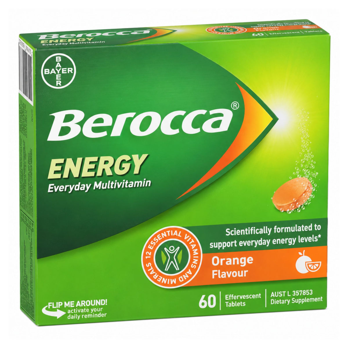 A box of Bayer Berocca Energy Everyday Multivitamin in Orange Flavour, featuring a green and orange design with a depiction of an effervescent tablet.