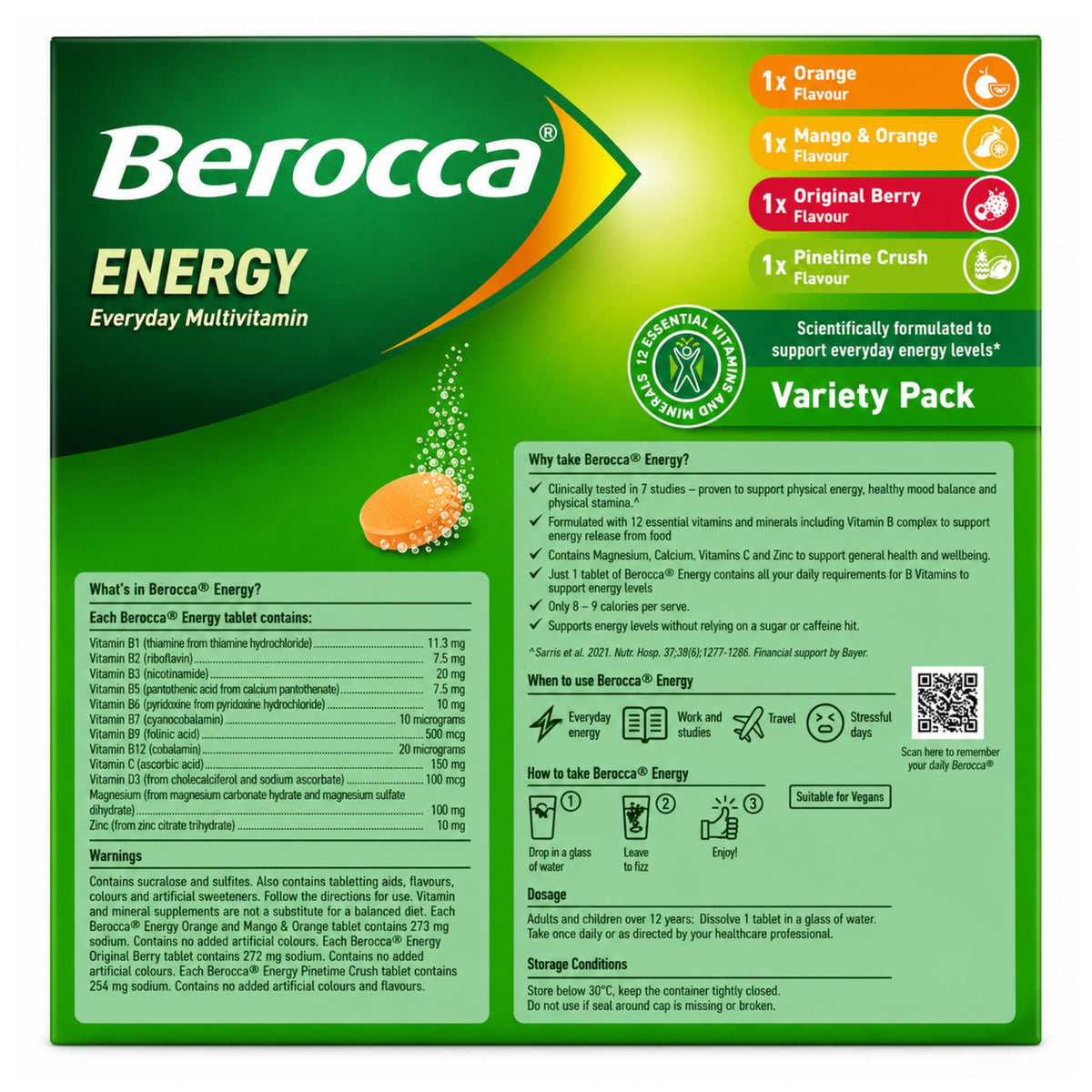 Front packaging panel of a Berocca Energy Everyday Multivitamin Variety Pack box, showing flavor callouts for Orange, Mango & Orange, Original Berry, and Pinecone Crush flavors, plus product details, nutrition facts, and QR code on a white background.