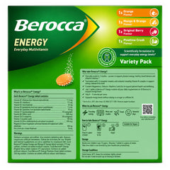 Front packaging panel of a Berocca Energy Everyday Multivitamin Variety Pack box, showing flavor callouts for Orange, Mango & Orange, Original Berry, and Pinecone Crush flavors, plus product details, nutrition facts, and QR code on a white background.