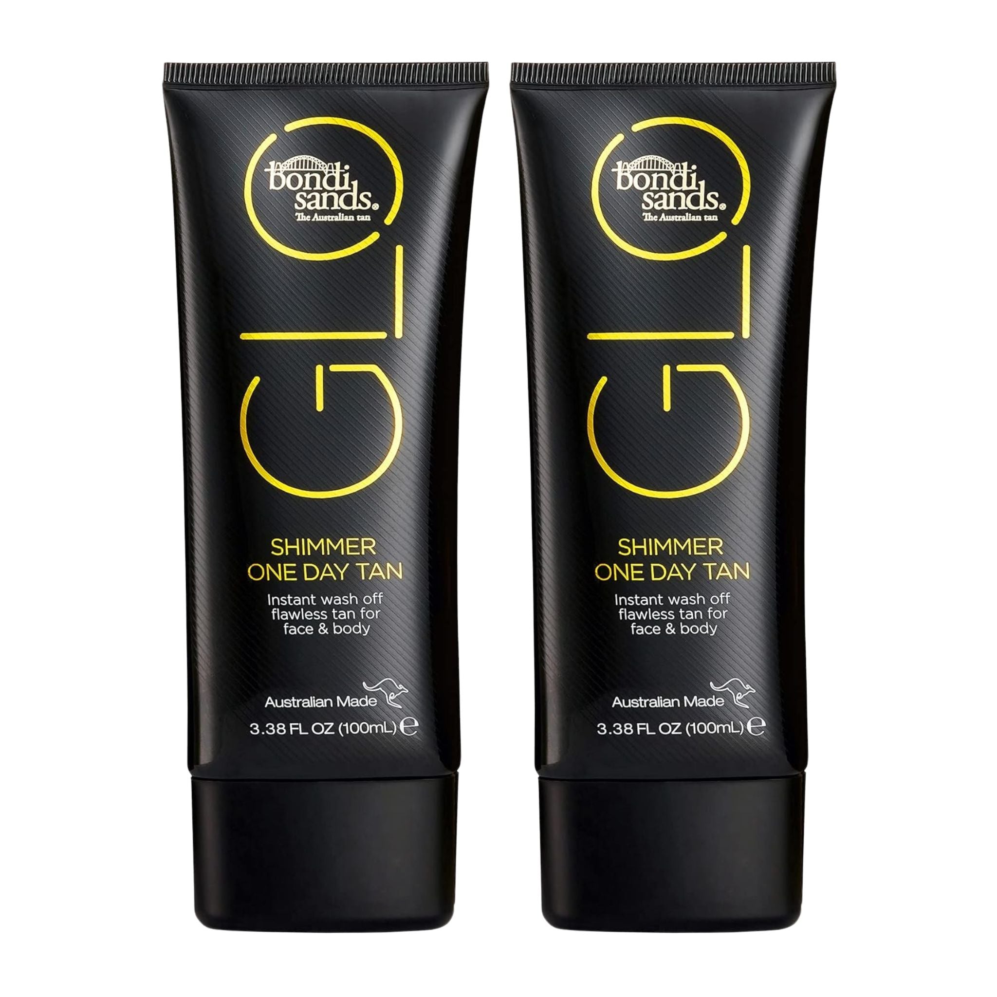 Two black tubes of Bondi Sands Shimmer One Day Tan on a white background