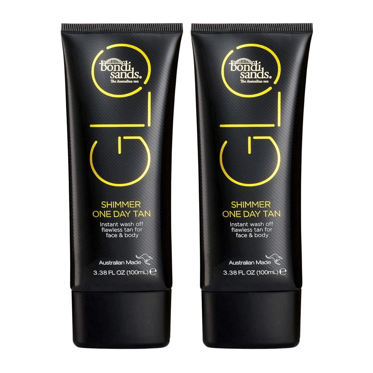 Two black tubes of Bondi Sands Shimmer One Day Tan on a white background