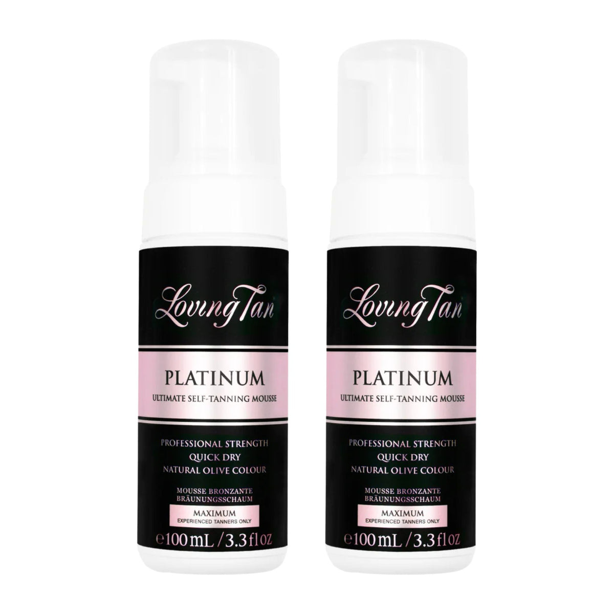 Two bottles of Loving Tan Platinum Ultimate Self-Tanning Mousse on a white background