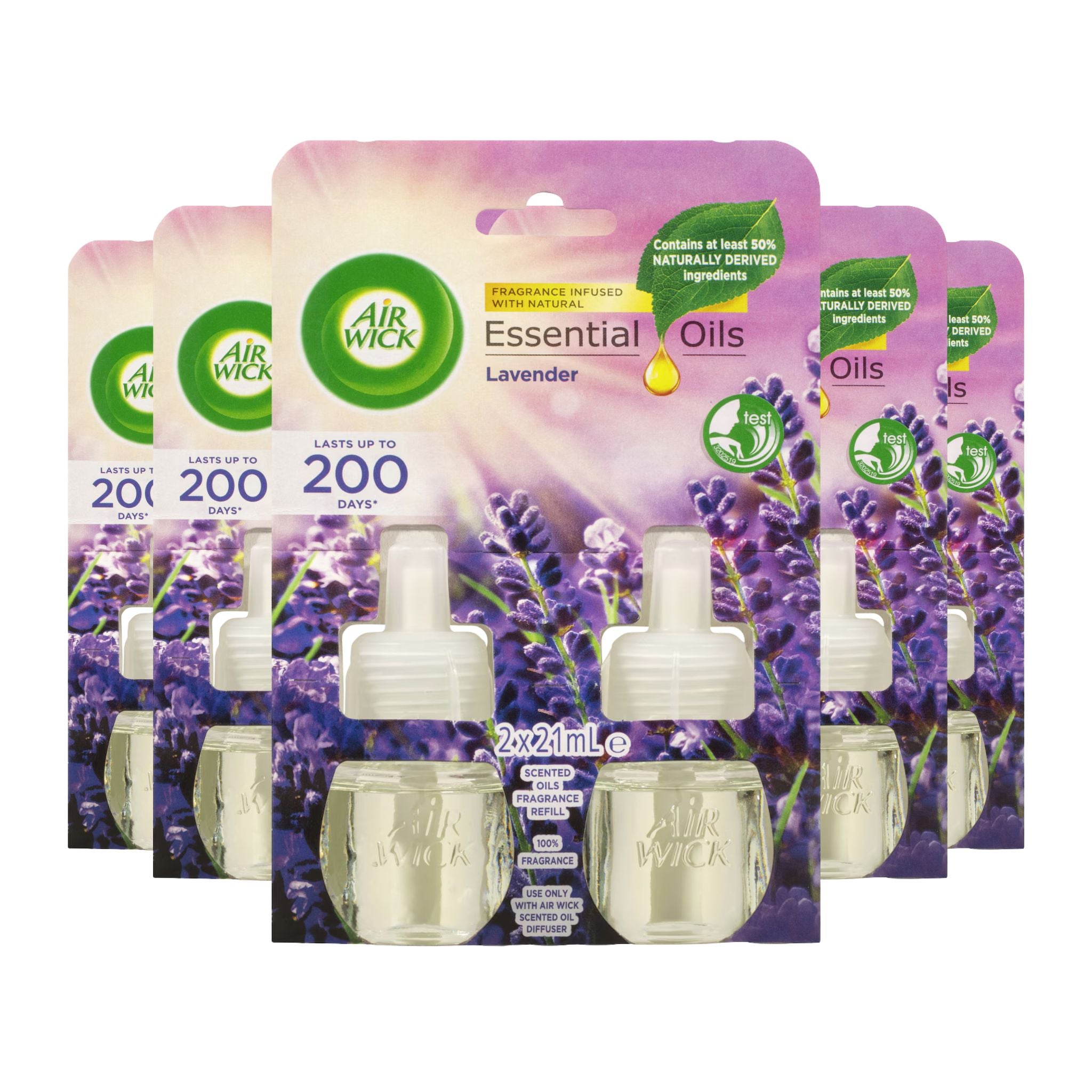 Air Wick essential oils packaging with lavender design on a white background