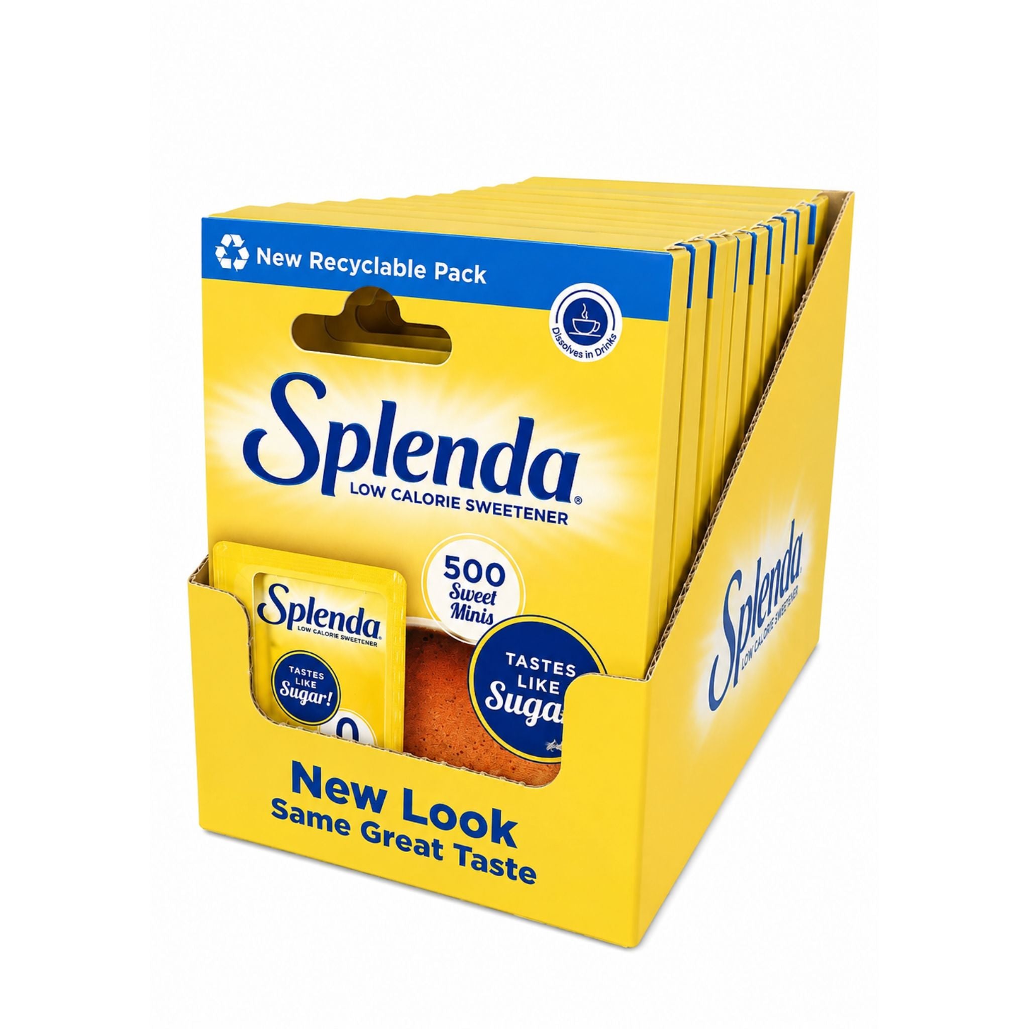A yellow retail display box of Splenda low calorie sweetener, containing 500 Sweet Mints, with a single packet displayed in the front left slot against a white background.