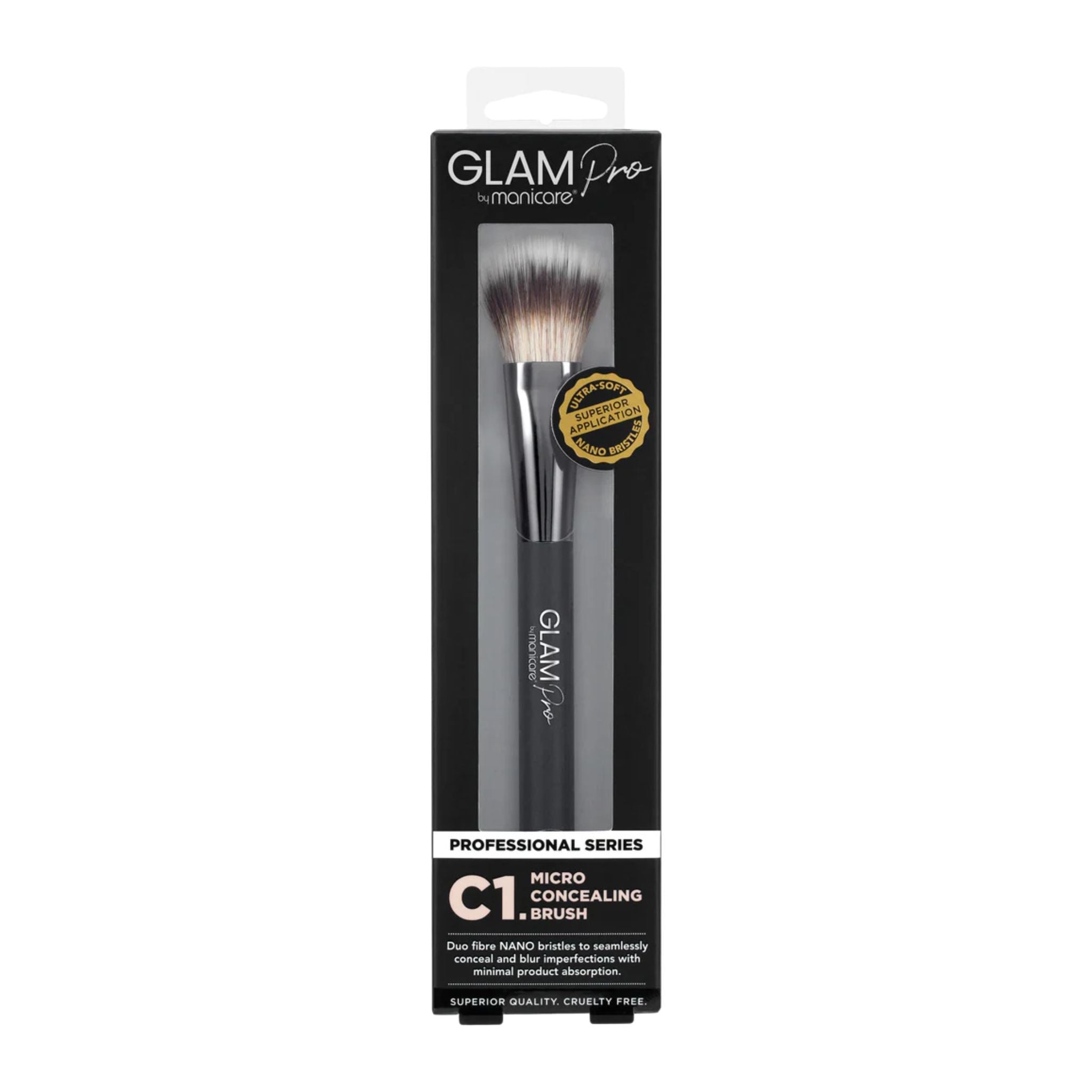 Makeup brush with packaging labeled 'Glam Pro' on a white background