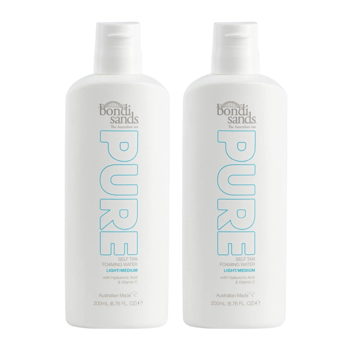 Two bottles of bondi sands Pure self-tan lotion on a white background