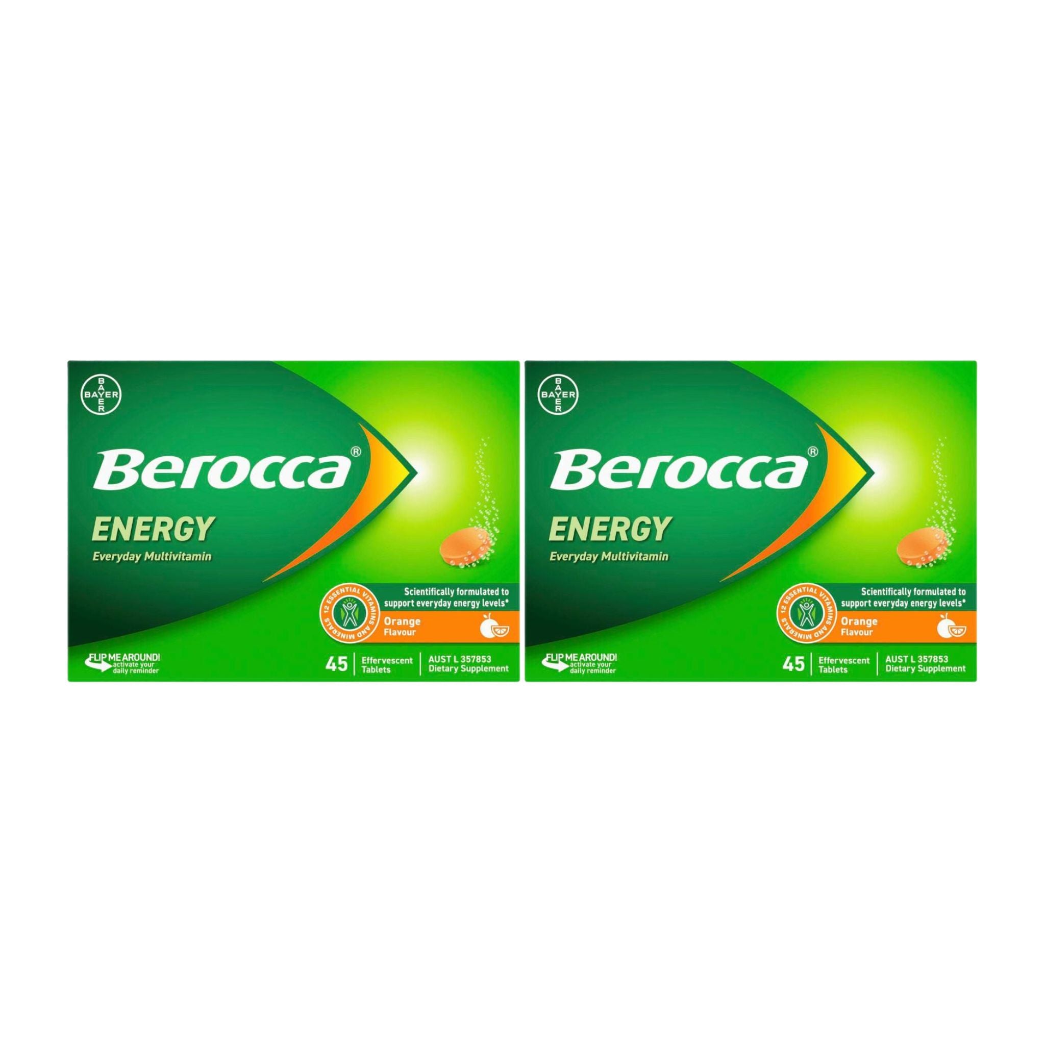 Two boxes of Berocca Energy Everyday Multivitamins on a white background