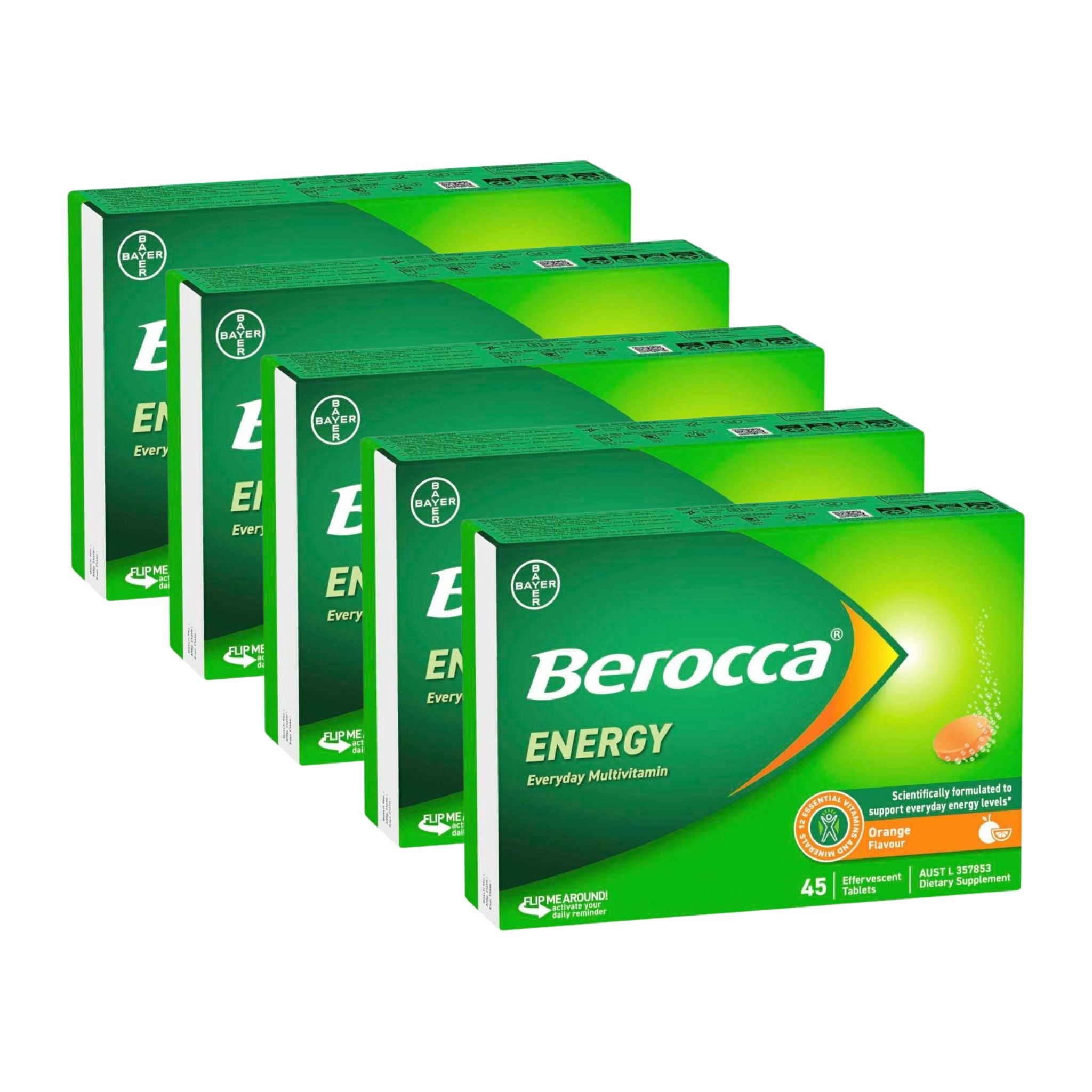 Multiple boxes of Berocca Energy multivitamin packaging on a white background