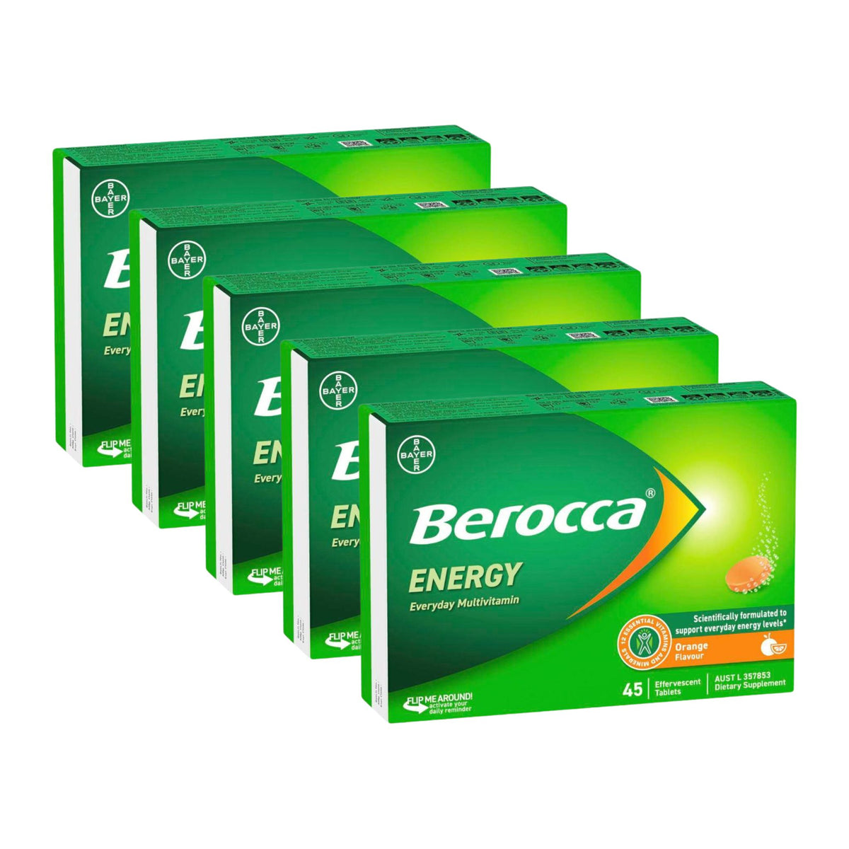 Multiple boxes of Berocca Energy multivitamin packaging on a white background