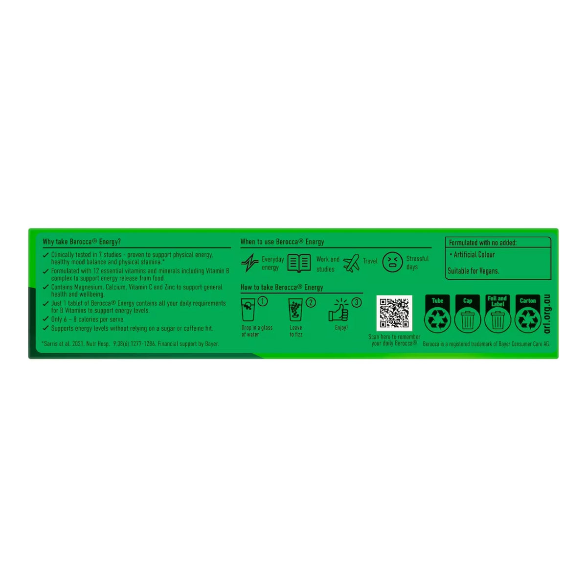 A green rectangular product information label with text, icons, and a QR code, shown against a plain white background.