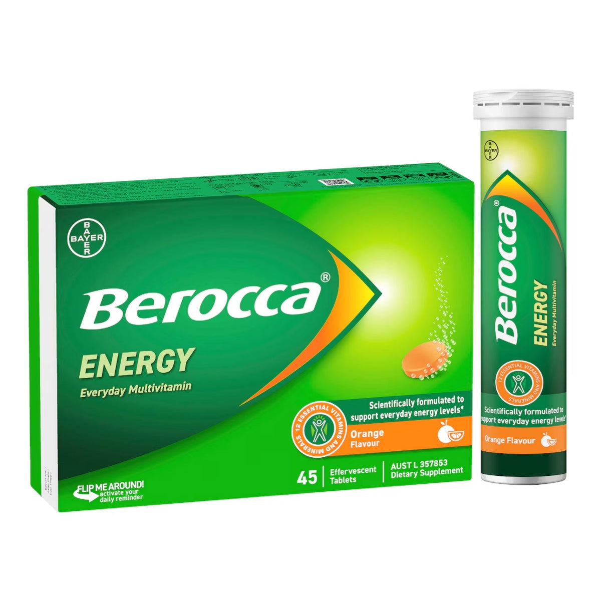 Bayer Berocca Energy Everyday Multivitamin shown as a green box of 45 effervescent tablets next to a matching single tablet tube on a white background.