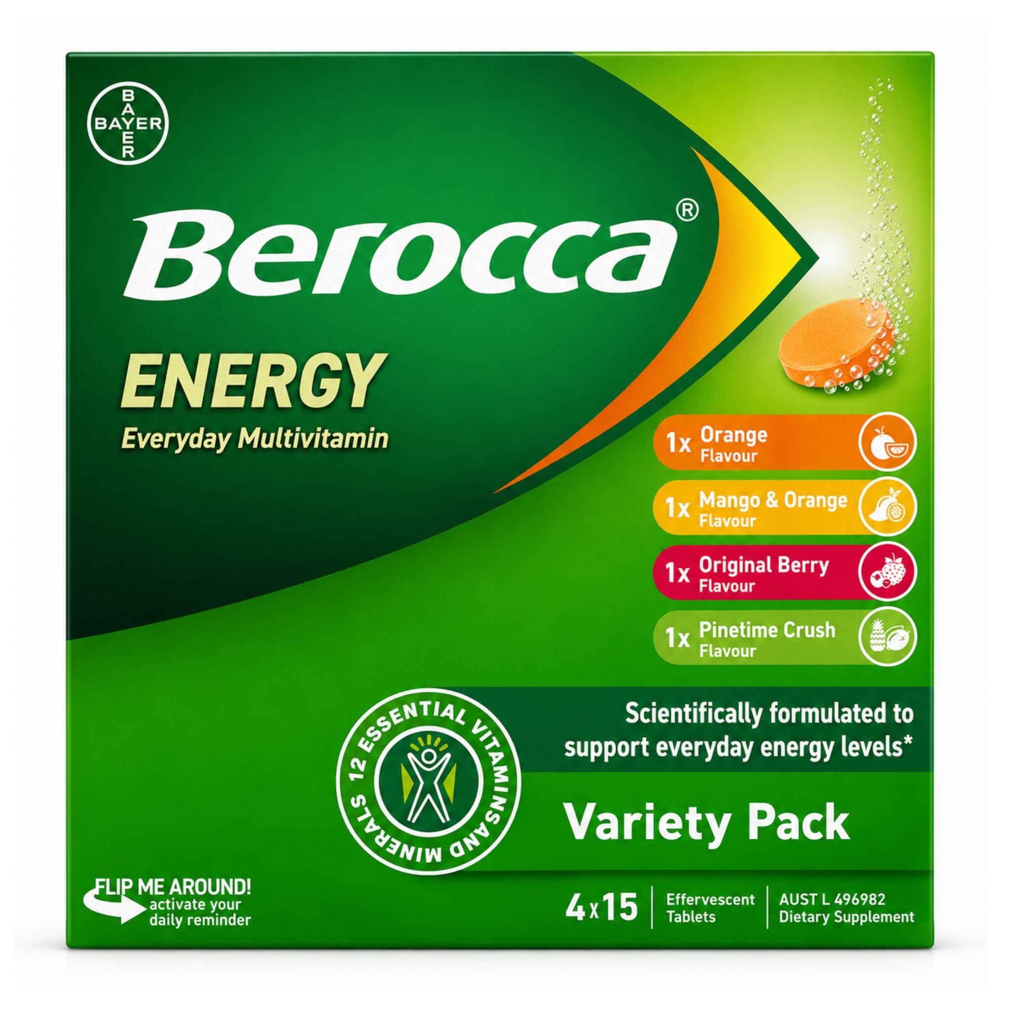 Front-facing box of Bayer Berocca Energy variety pack tablets on a plain white background. The package is predominantly green with orange, yellow, and pink flavor callouts and white brand text.