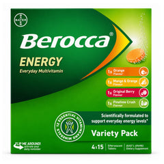 Front-facing box of Bayer Berocca Energy variety pack tablets on a plain white background. The package is predominantly green with orange, yellow, and pink flavor callouts and white brand text.