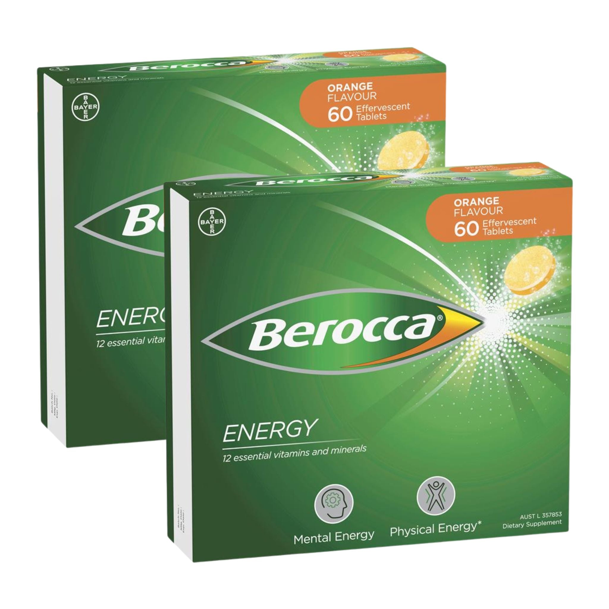 Two boxes of Berocca Energy tablets with green and orange design on a white background
