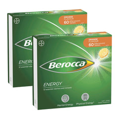 Two boxes of Berocca Energy tablets with green and orange design on a white background