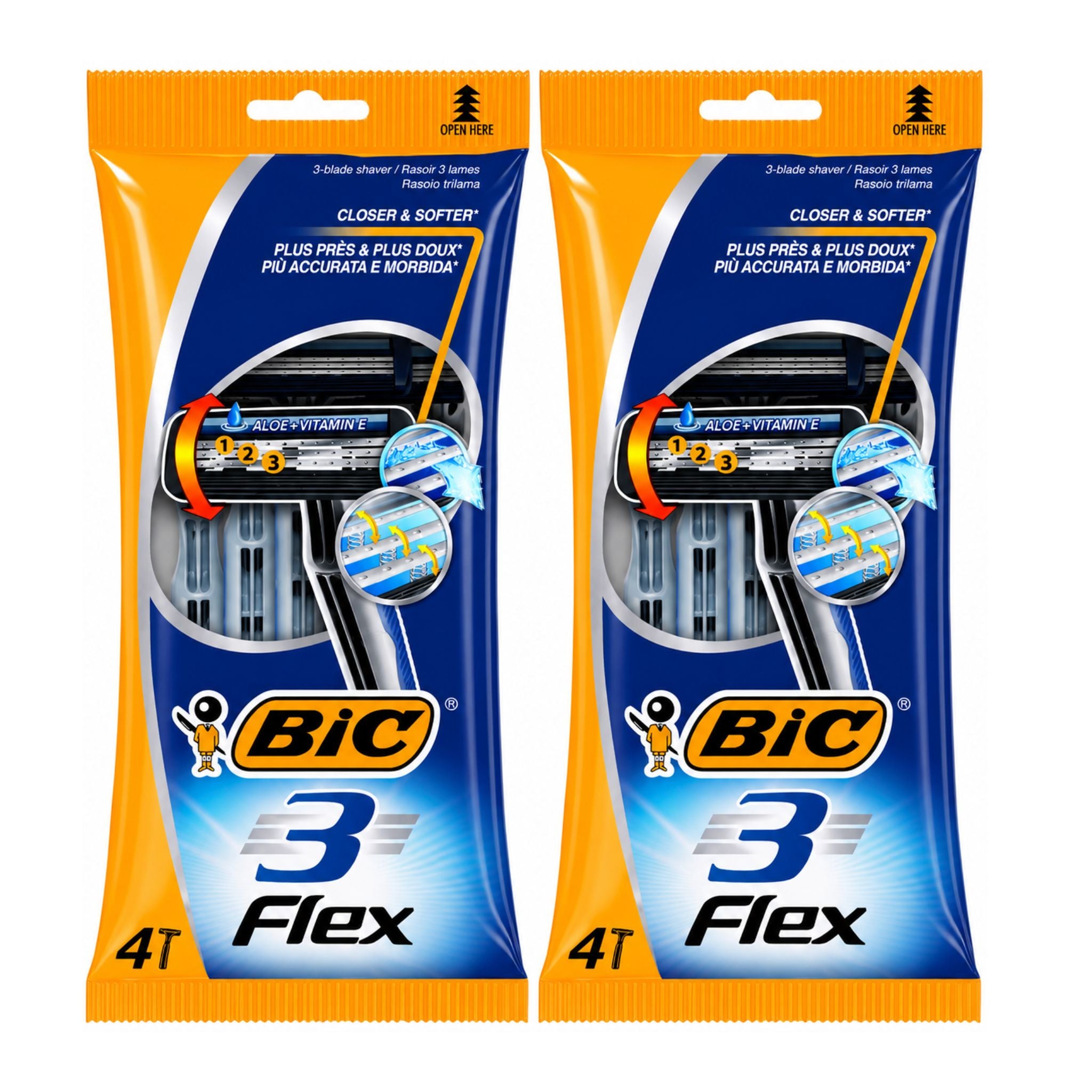 Two packages of BIC 3 Flex razors on a white background