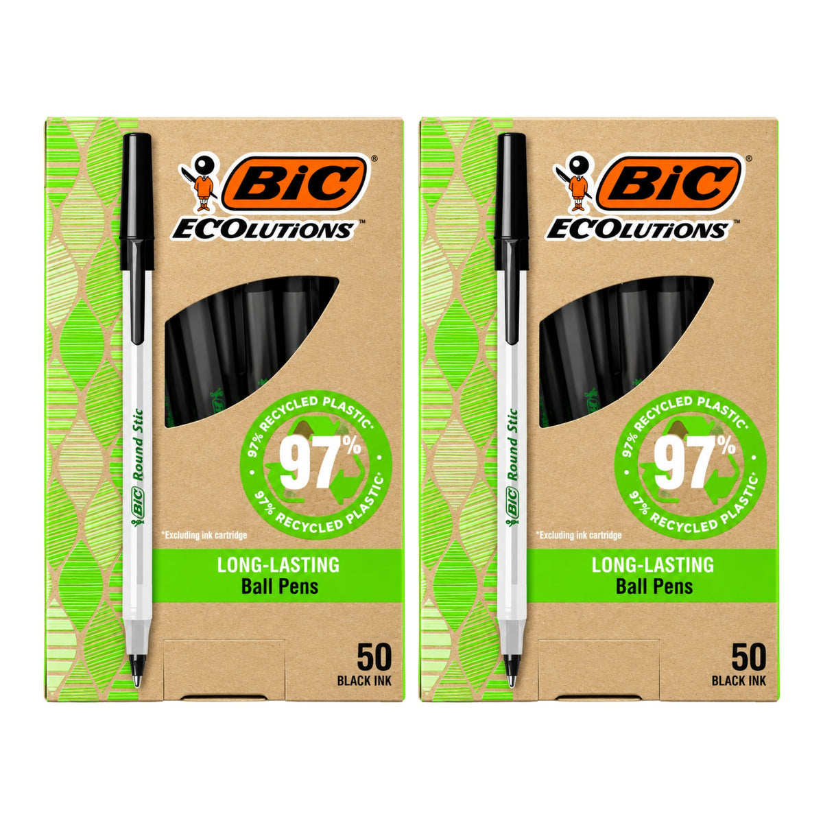 Two packages of BiC ECoLutions ball pens, each containing 50 black ink pens, shown side by side on a plain white background.