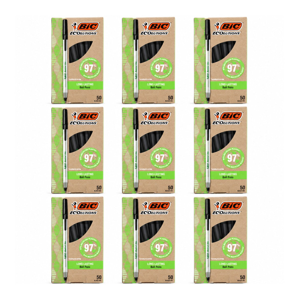 A 9-pack grid of BIC Ecolutions 97 Lead Free Long Letter Ball Point pens in brown kraft paper packaging with green accents, set against a plain white background.