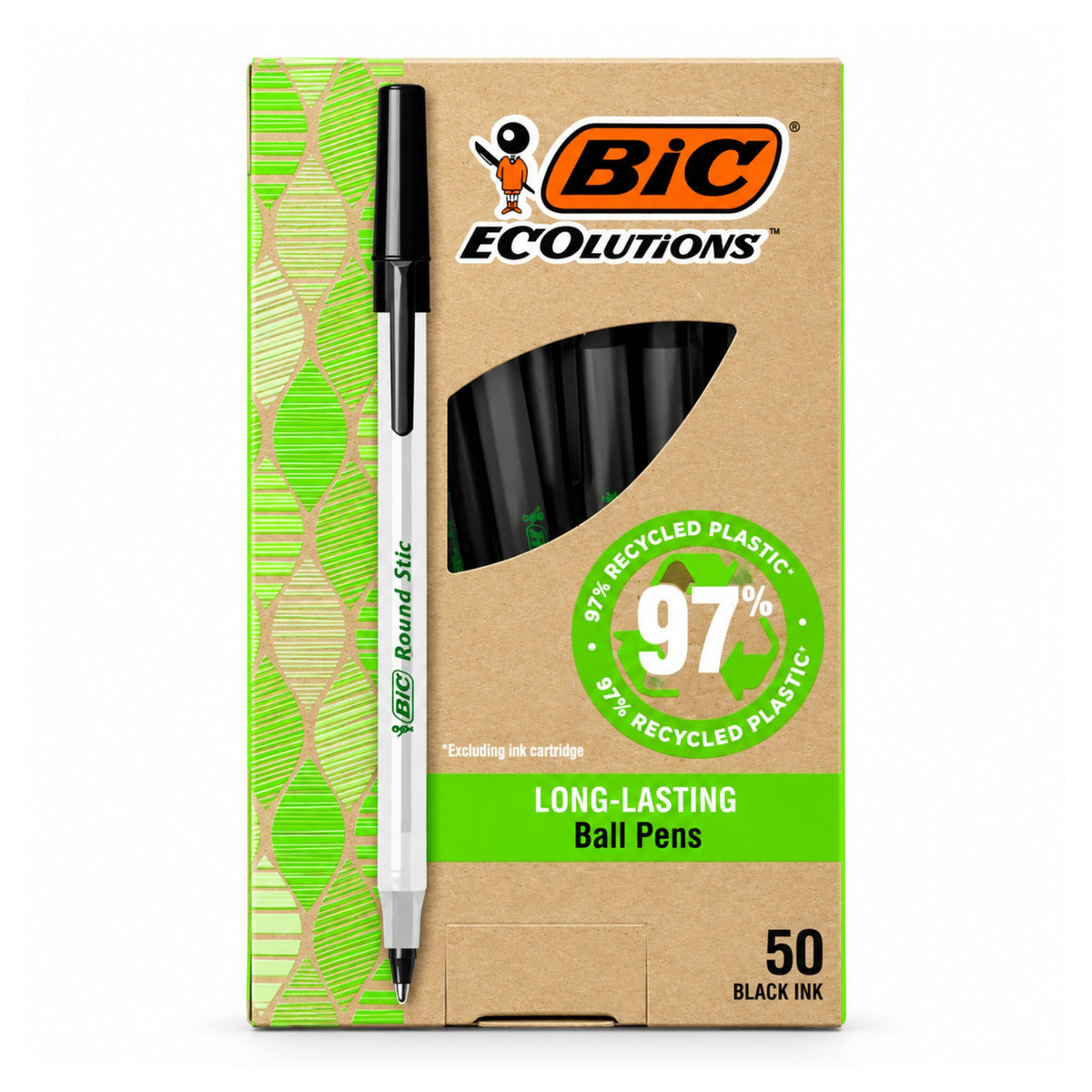 A package of BIC Ecolutions Long-Lasting Ball Pens, 50 count, black ink, in a brown kraft paper box with green accents and a single pen displayed vertically.