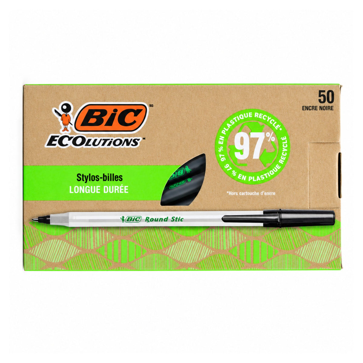 The back of a BIC Intensity 42mm ballpoint pen box, featuring extensive product information, warnings, and barcodes on a white background.