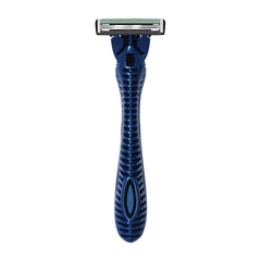 Blue razor with a textured handle on a white background