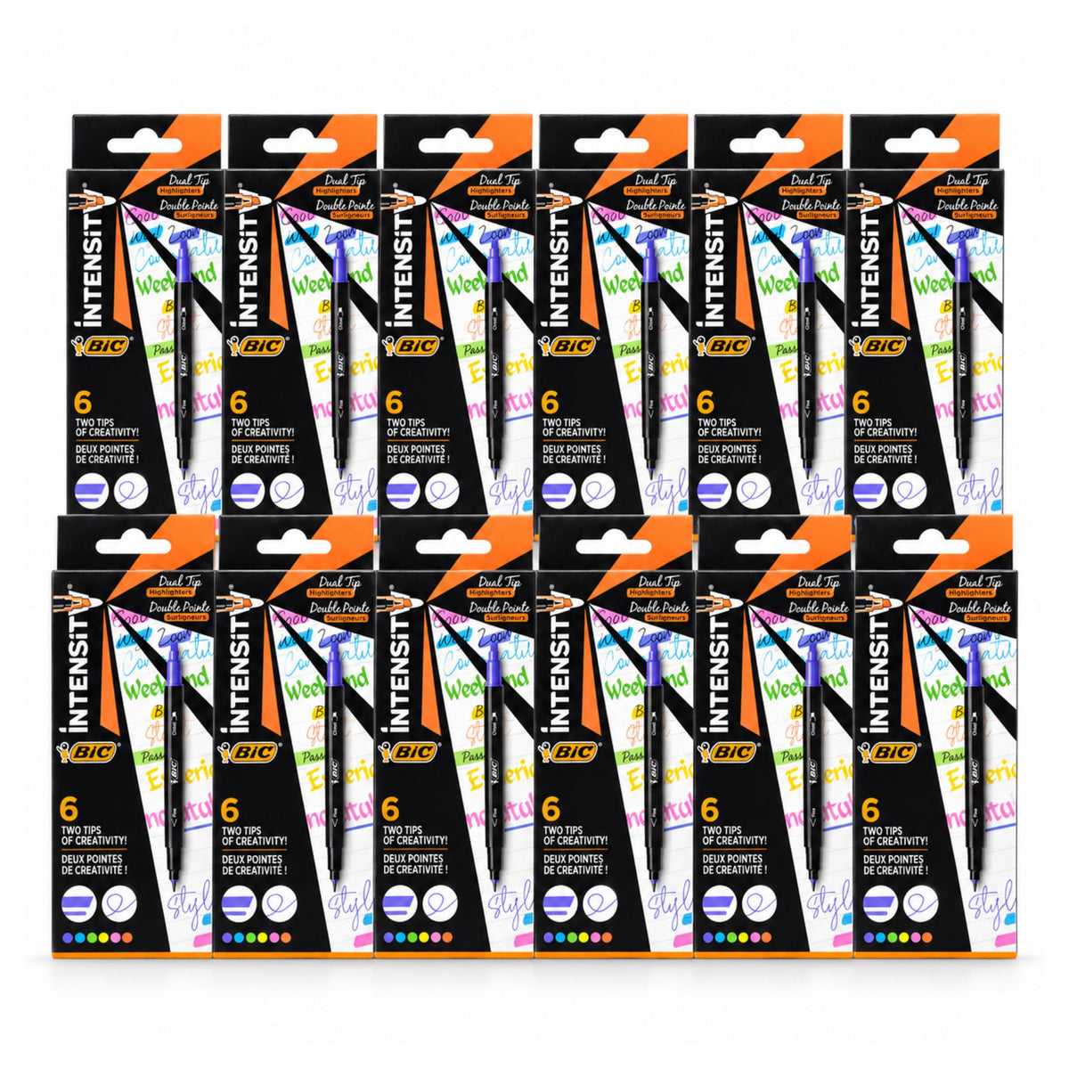 Twelve packs of BIC Intensity 6 Fine Lined Ballpoint Pens in assorted colors, arranged in a 3x4 grid on a white background.