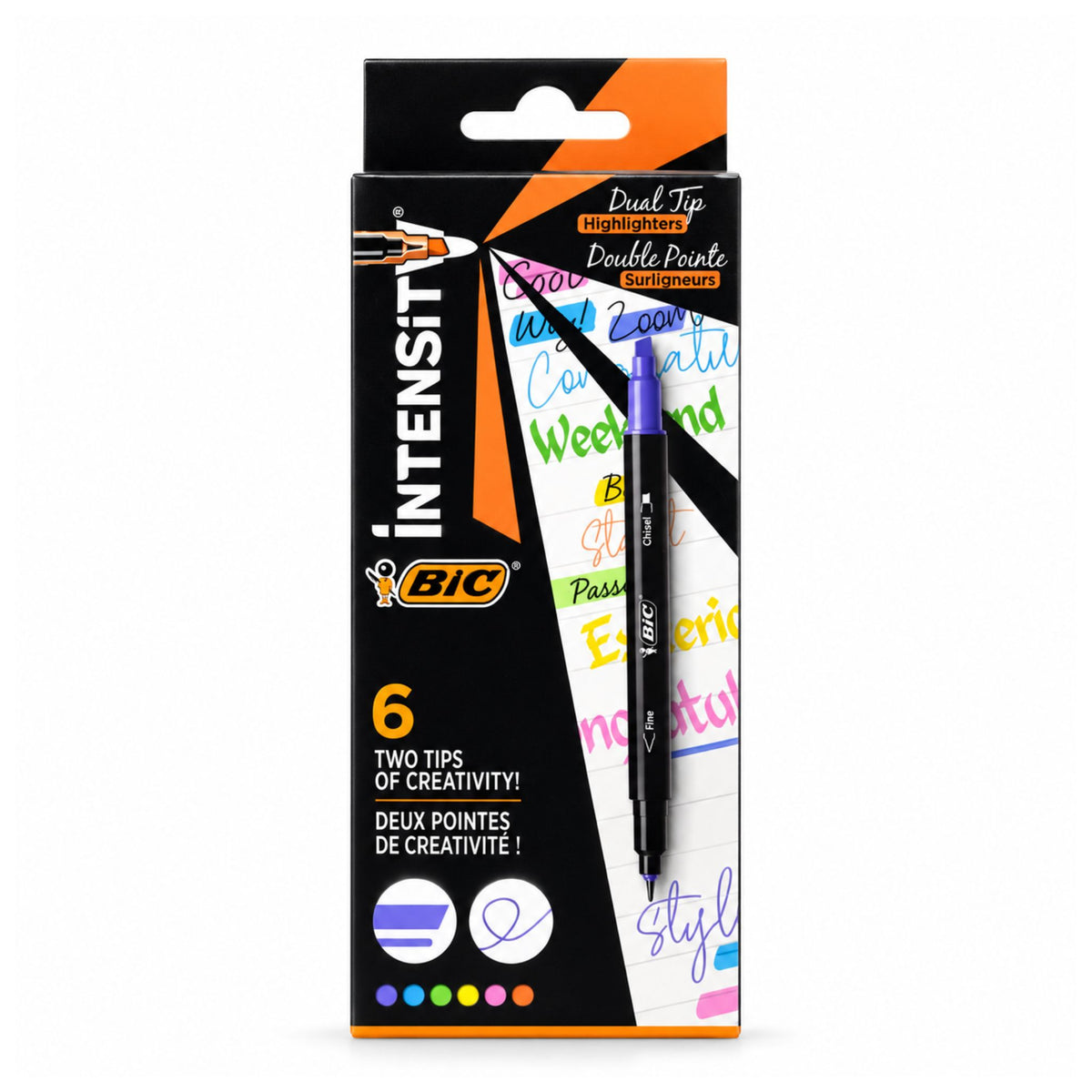 BIC Intensity Dual Tip Highlighters in a 6-pack, featuring a black and orange retail box with a purple pen visible, set against a plain white background.