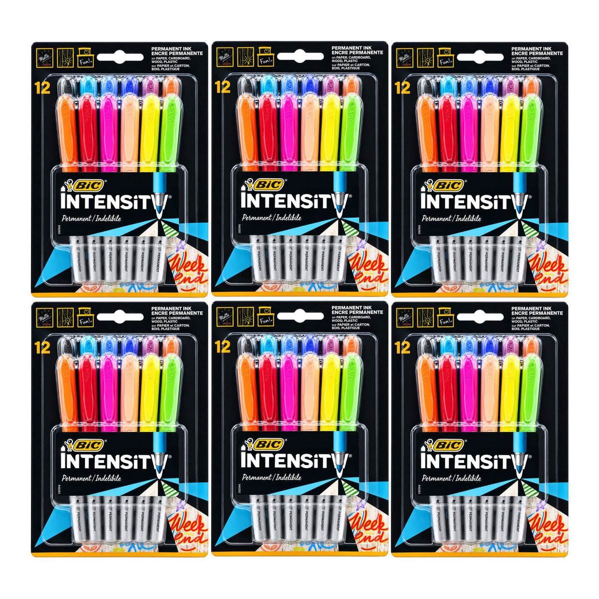 The back of a BIC Intensity 42mm ballpoint pen box, featuring extensive product information, warnings, and barcodes on a white background.