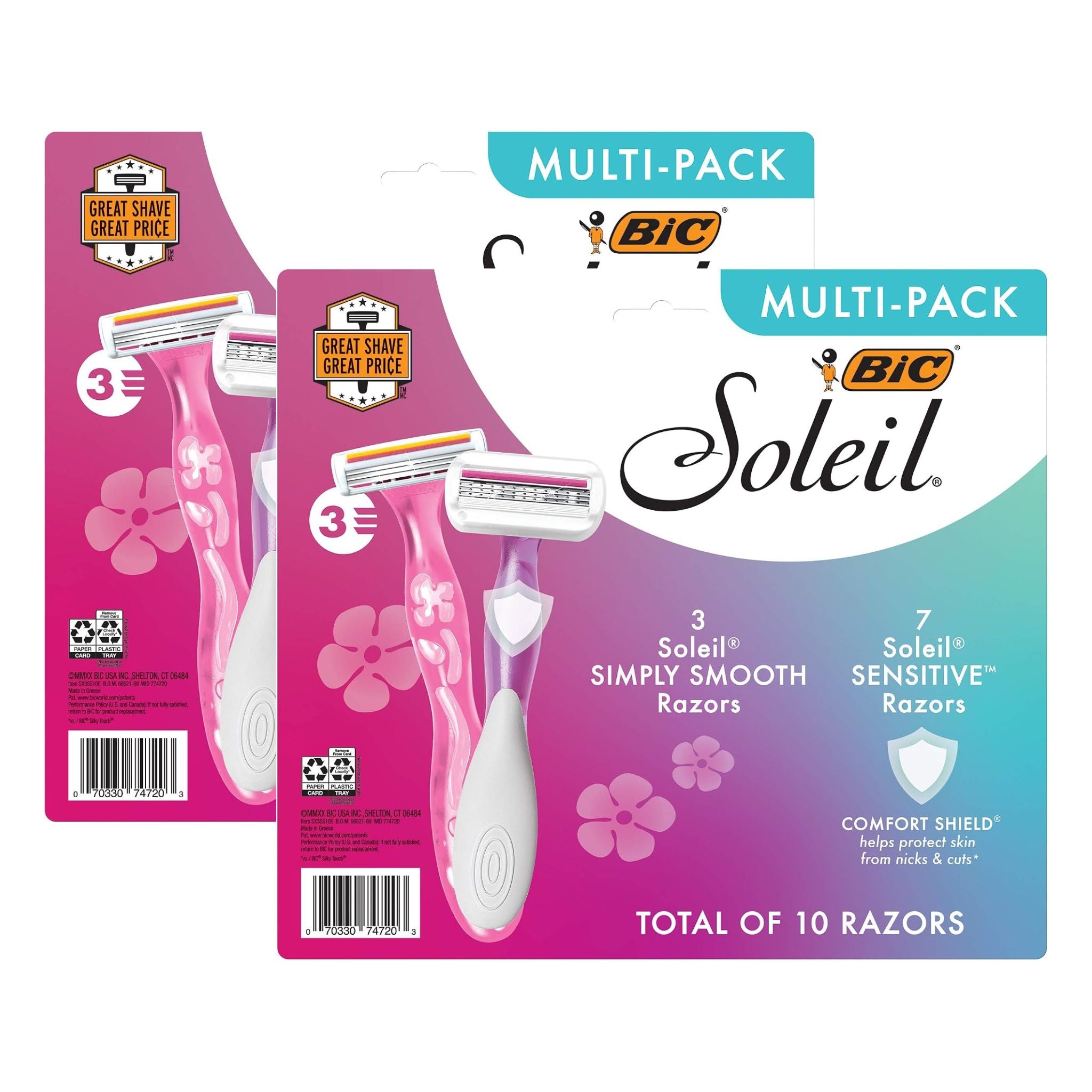 BIC Soleil multi-pack razor packaging showing three individual razor packages overlapping to form a larger 10-pack display. The packaging features pink and teal floral graphics with BIC and Soleil branding.