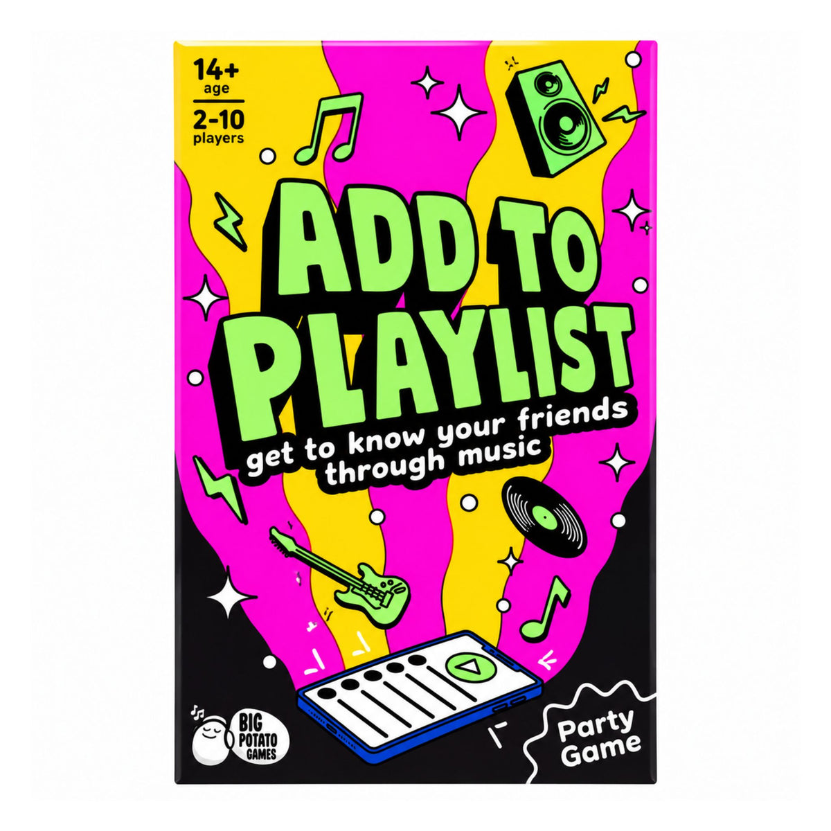 Add to Playlist party game box by Big Potato Games, featuring a vibrant neon pink, yellow, and black background with green text and music-themed illustrations.