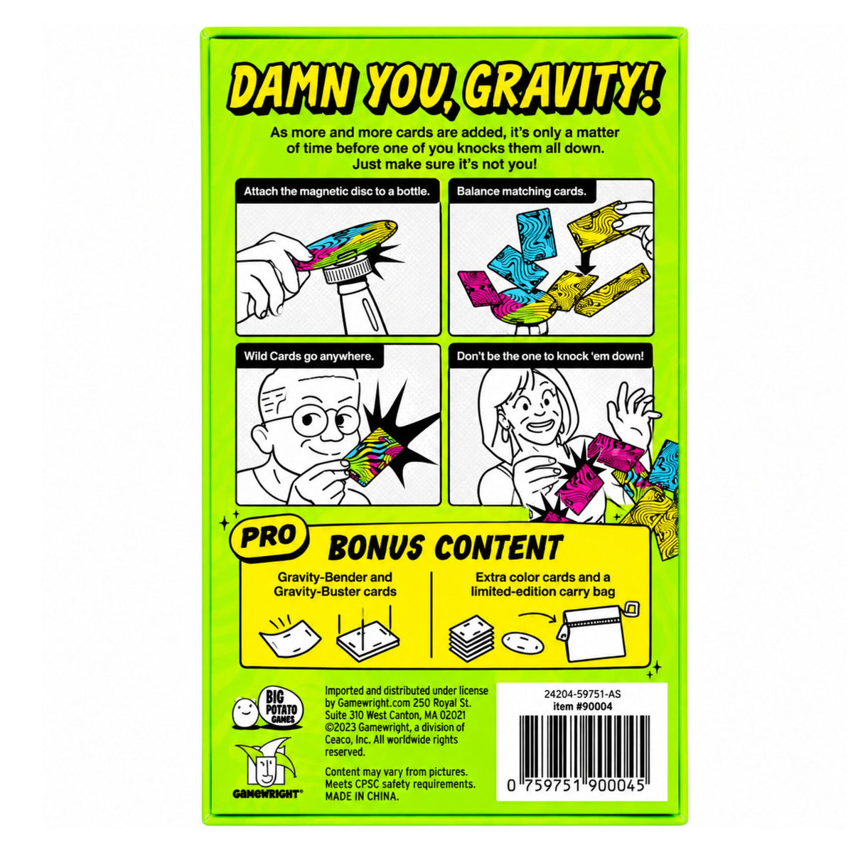 The back of a 'Damn You, Gravity!' card game box, featuring a bright lime green background with black text, instructional panels, and a barcode.