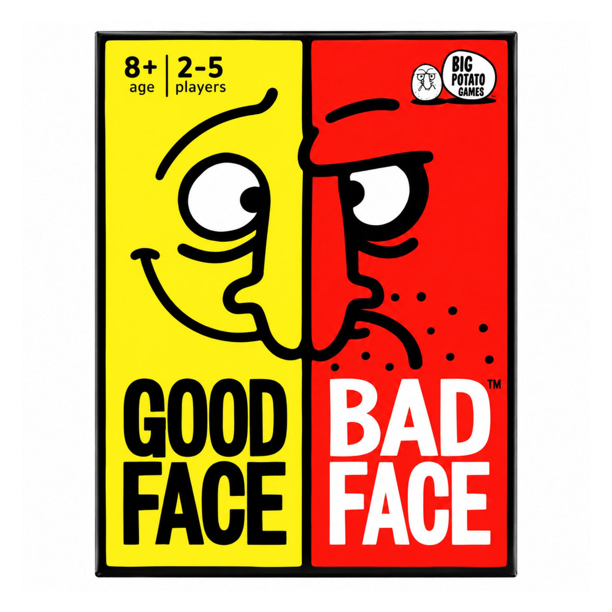 Front cover of the Big Potato Games 'Good Face / Bad Face' board game, featuring a split yellow and red design with cartoon faces and bold text.