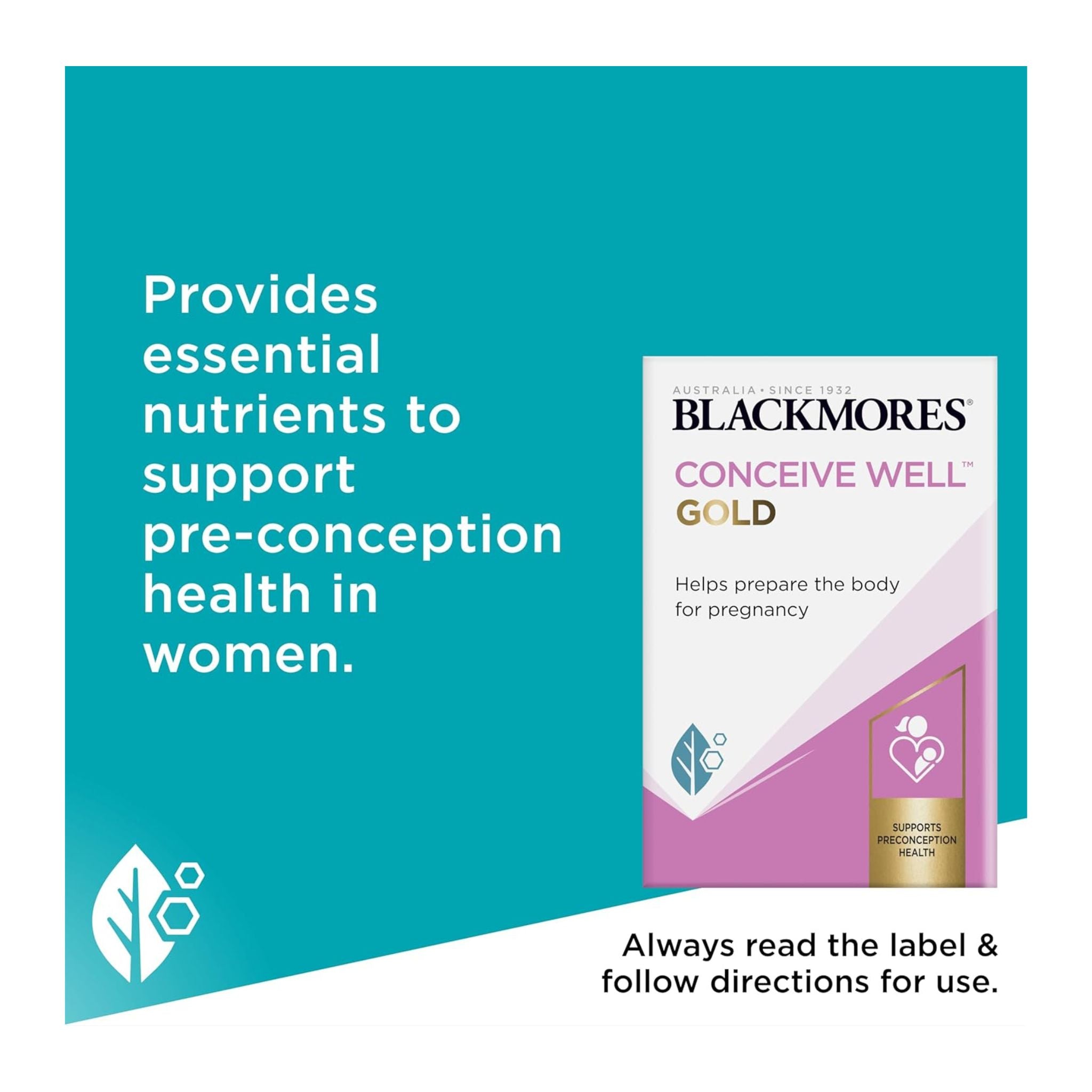Blackmores Conceive Well Gold supplement packaging on a blue background with text about pre-conception health.