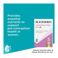 Blackmores Conceive Well Gold supplement packaging on a blue background with text about pre-conception health.