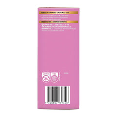Pink box with text and a barcode on a white background