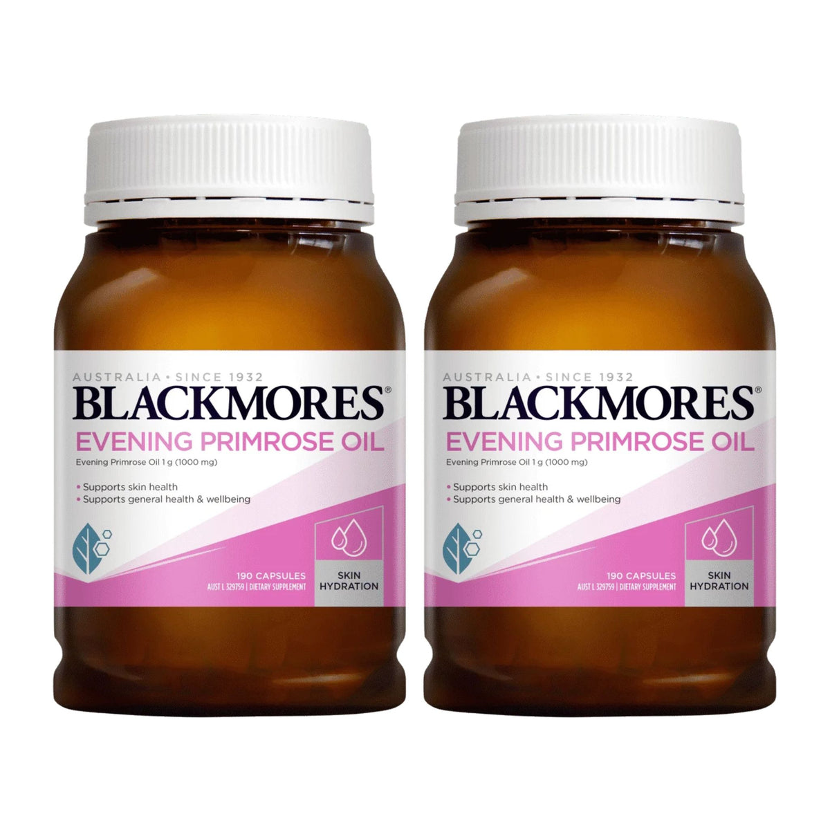 Two bottles of Blackmores Evening Primrose Oil on a white background