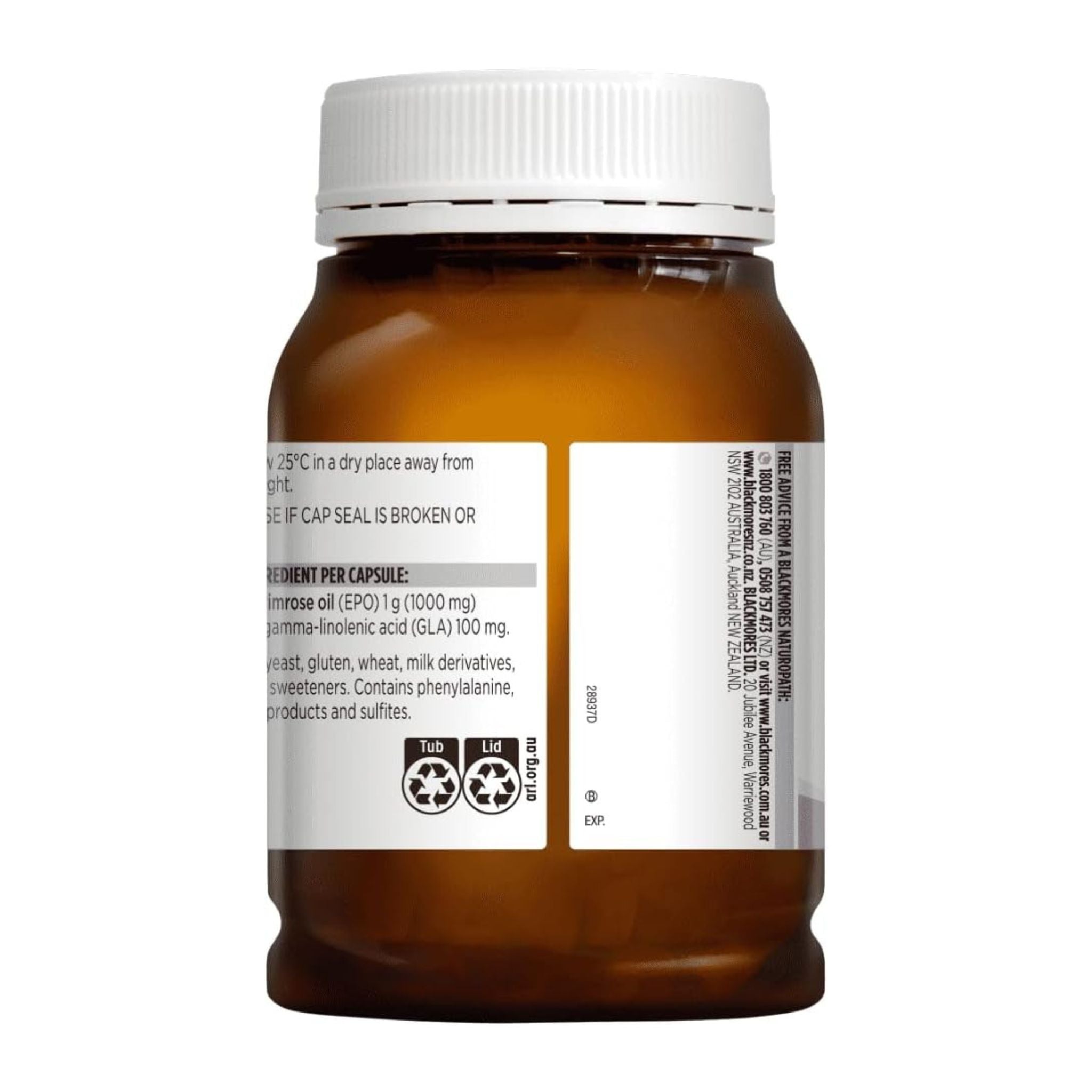 Brown supplement bottle with white label on a white background