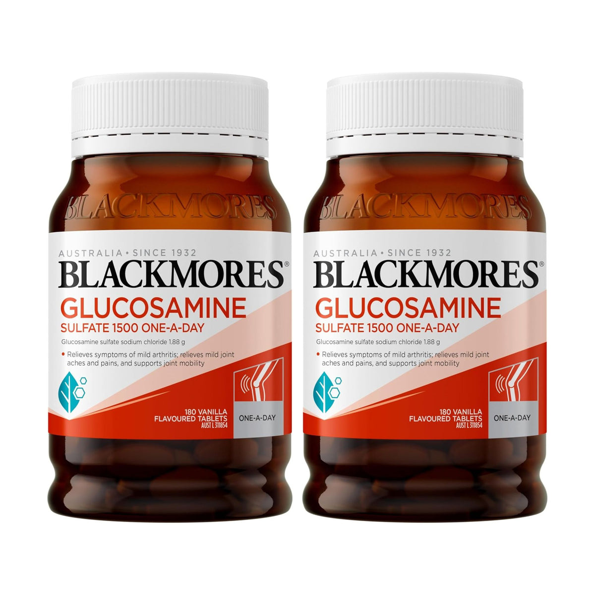 Two bottles of Blackmores Glucosamine on a white background