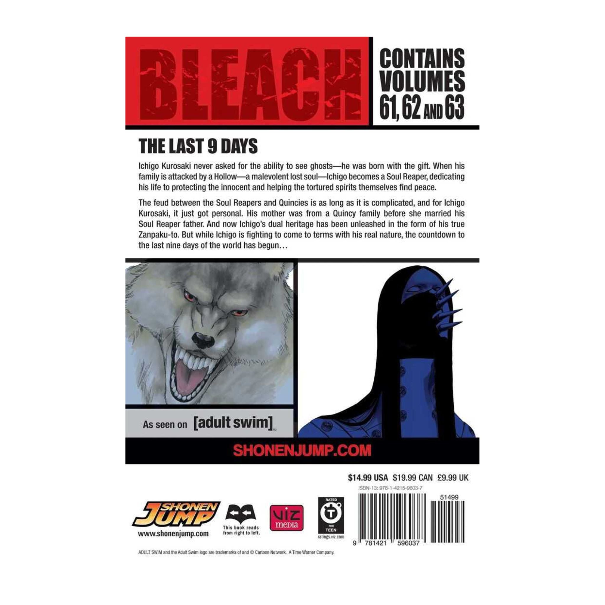 Back cover of a 'Bleach' book containing volumes 61, 62, and 63 with promotional text and images.