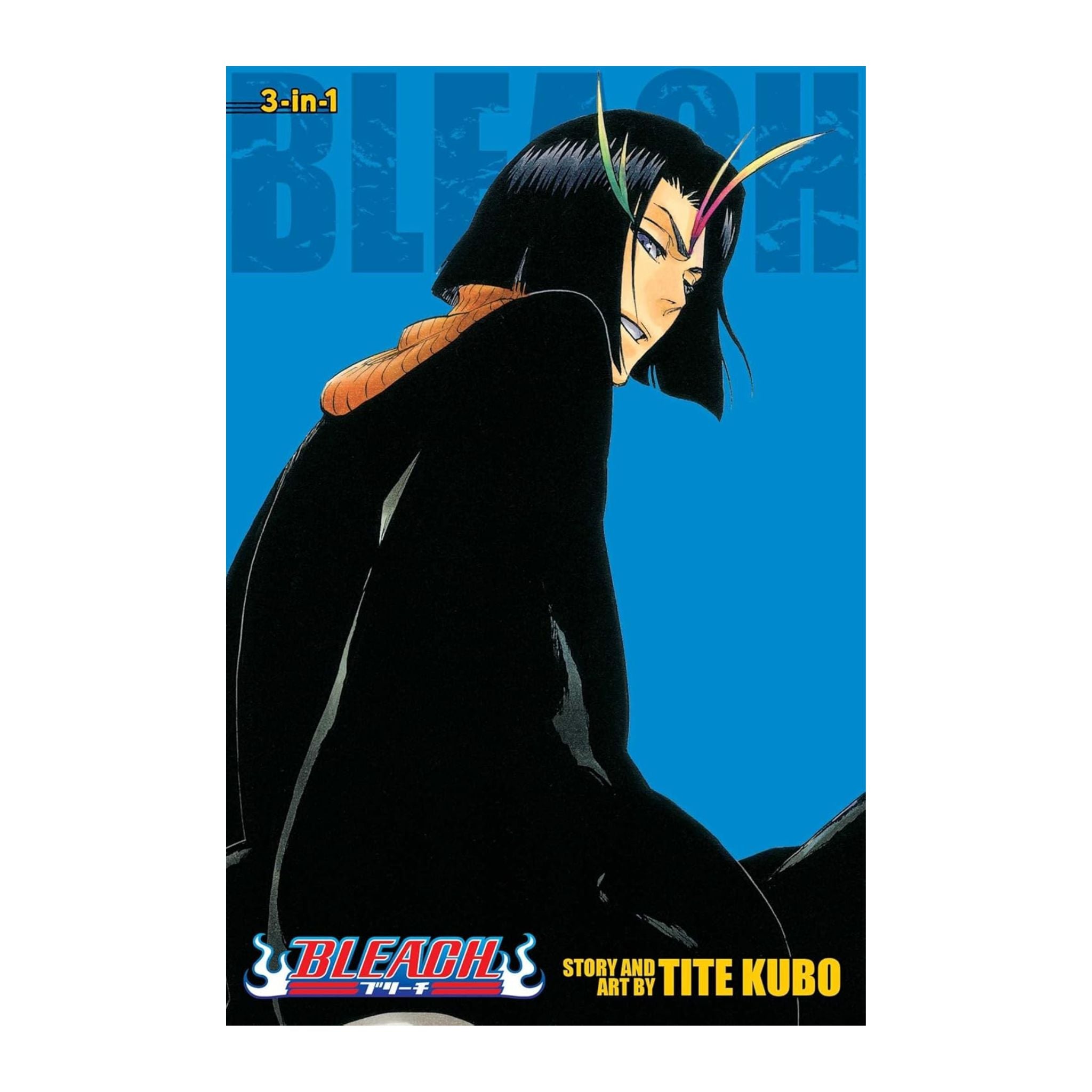 Cover of 'Bleach' manga with a character in a black outfit against a blue background